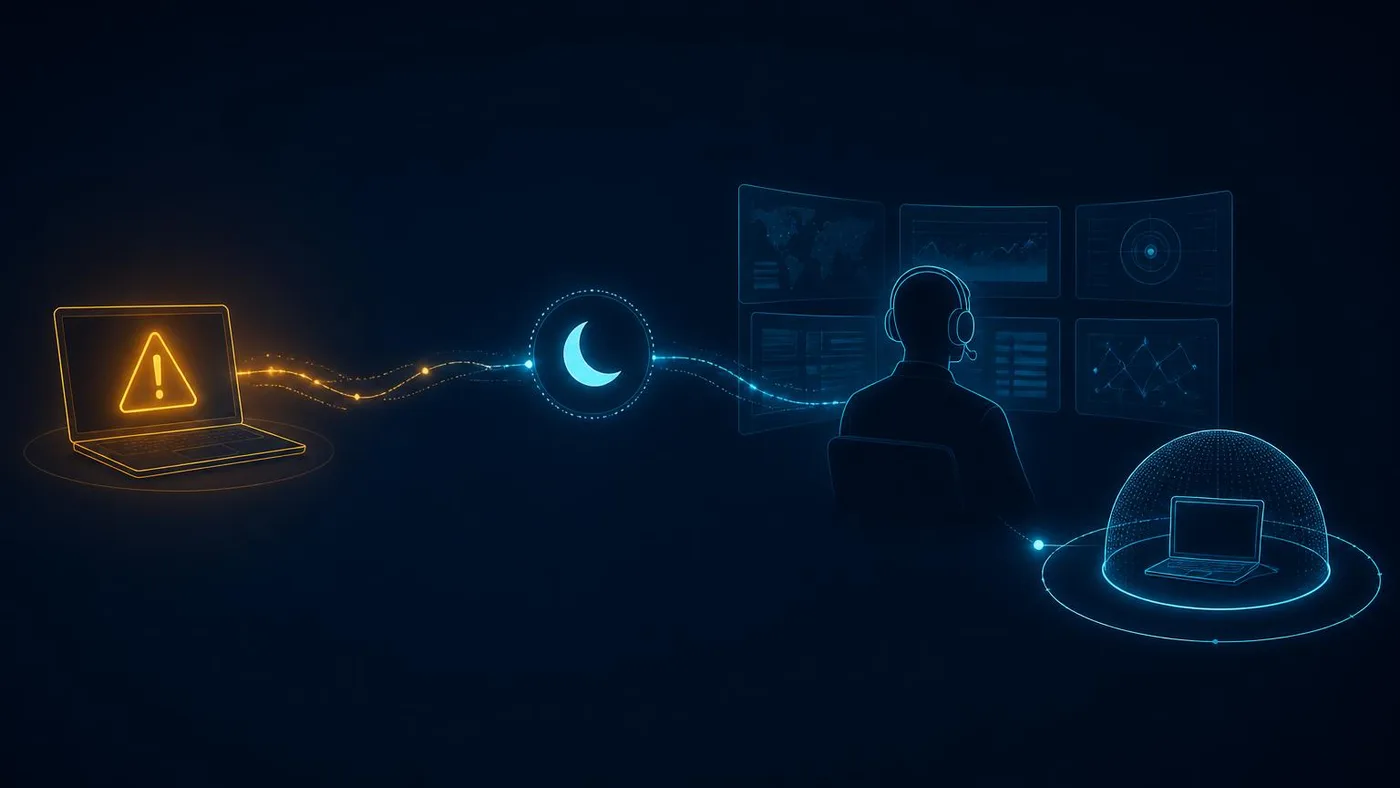 Out-of-hours alert path: an infected laptop raises an alert overnight, it reaches a monitoring analyst, and the affected device is isolated from the network.