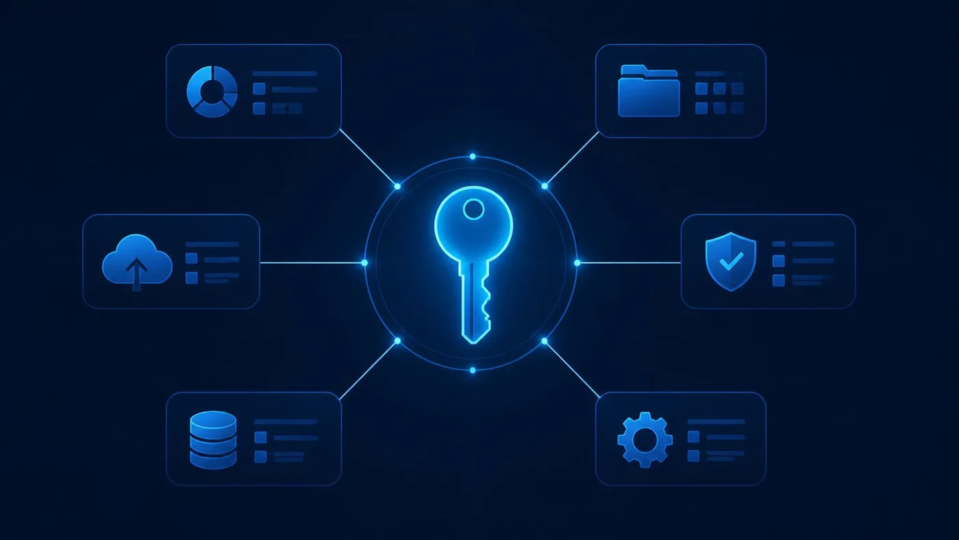 Diagram of single sign-on: one credential at the centre unlocking six separate business applications through an identity provider.