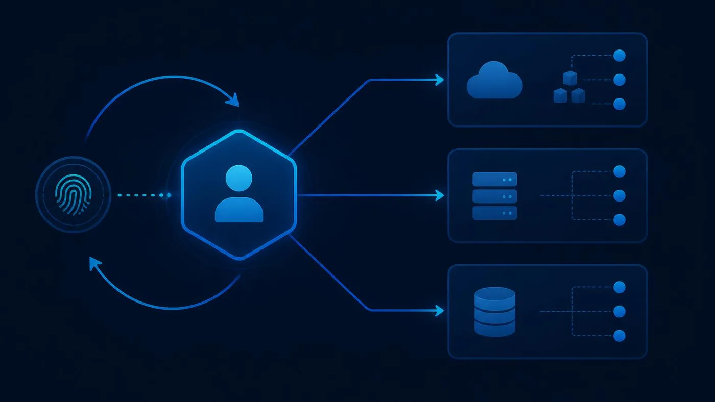 Diagram of an identity provider federating a verified user and a passkey out to cloud, server and database applications, with user accounts synchronised back.