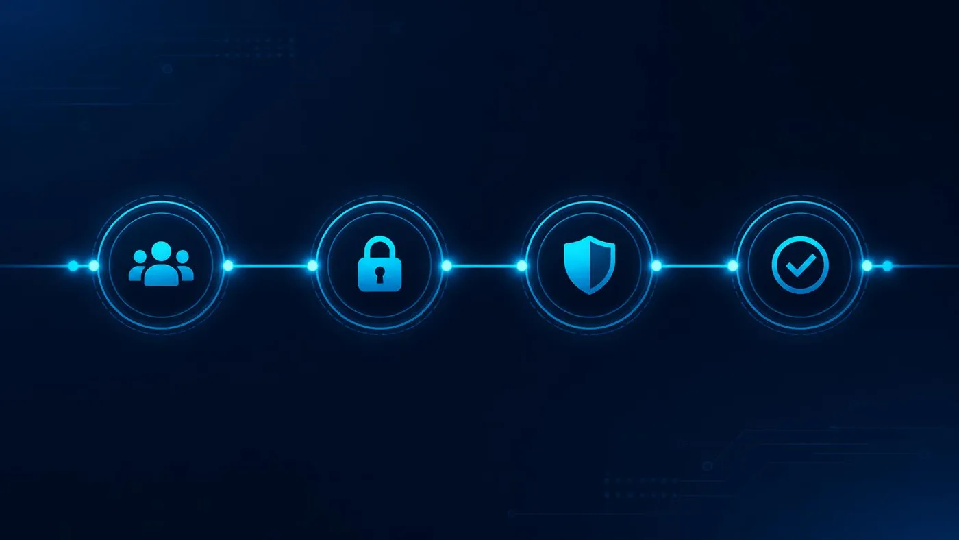 Four-stage single sign-on rollout sequence: pilot group, credential and password migration, multi-factor enforcement, then verification.