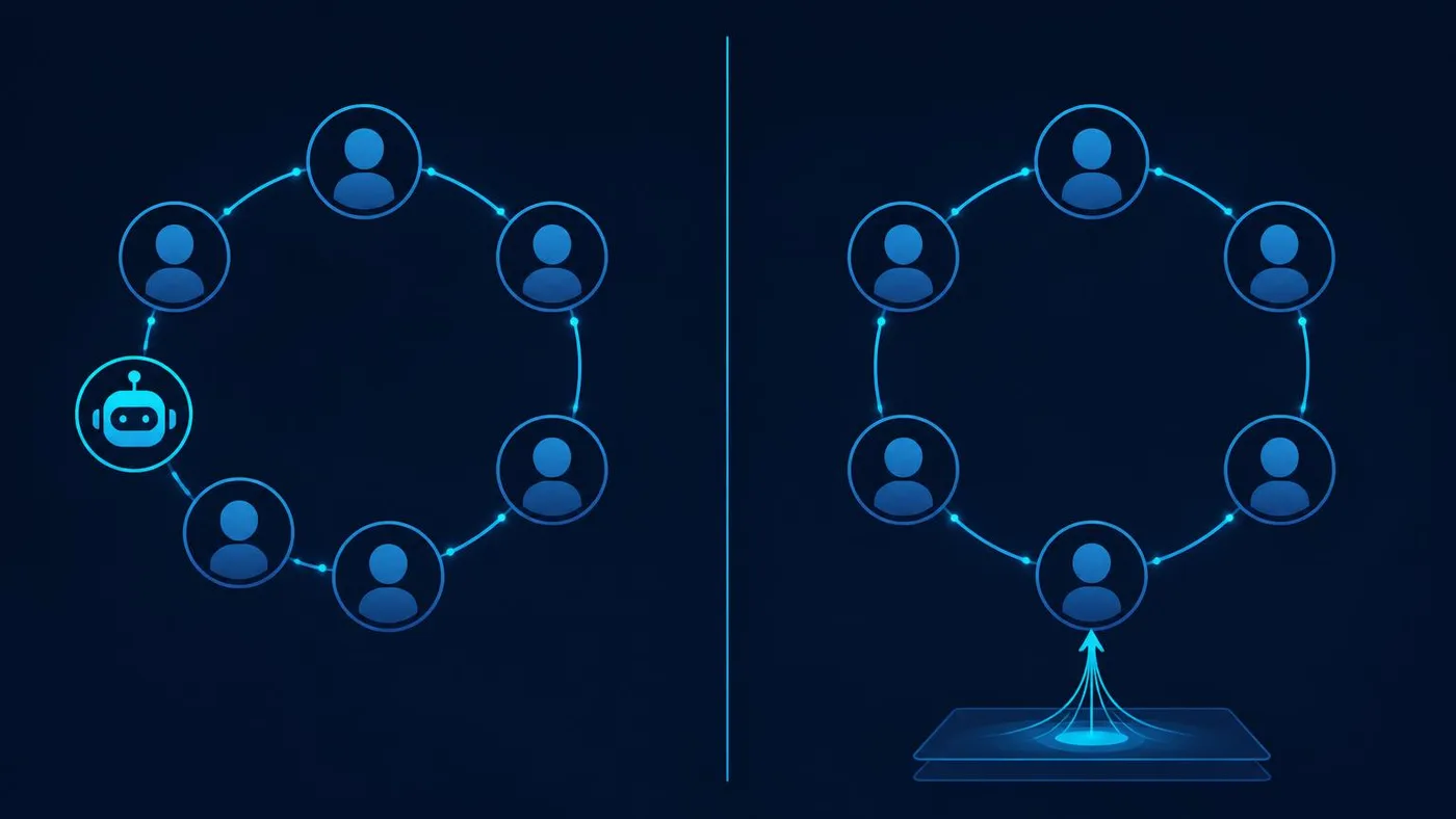 Side-by-side comparison of a meeting with an extra recording bot joining as a participant versus bot-free capture handled by the meeting platform itself.