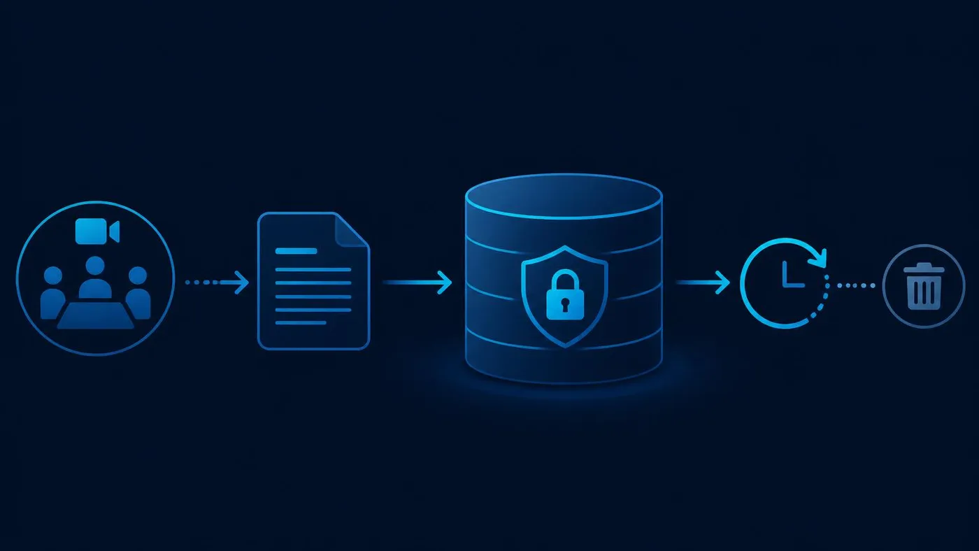 Data flow diagram of meeting recordings and transcripts moving into encrypted storage, governed by a retention period and automatic deletion.