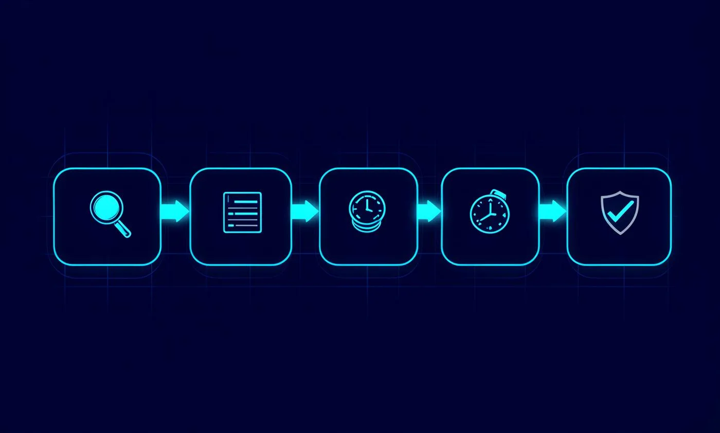 Diagram of the six stages of a small business SaaS spend audit, from subscription discovery through inventory, cost mapping, usage review, security check and renewal decision