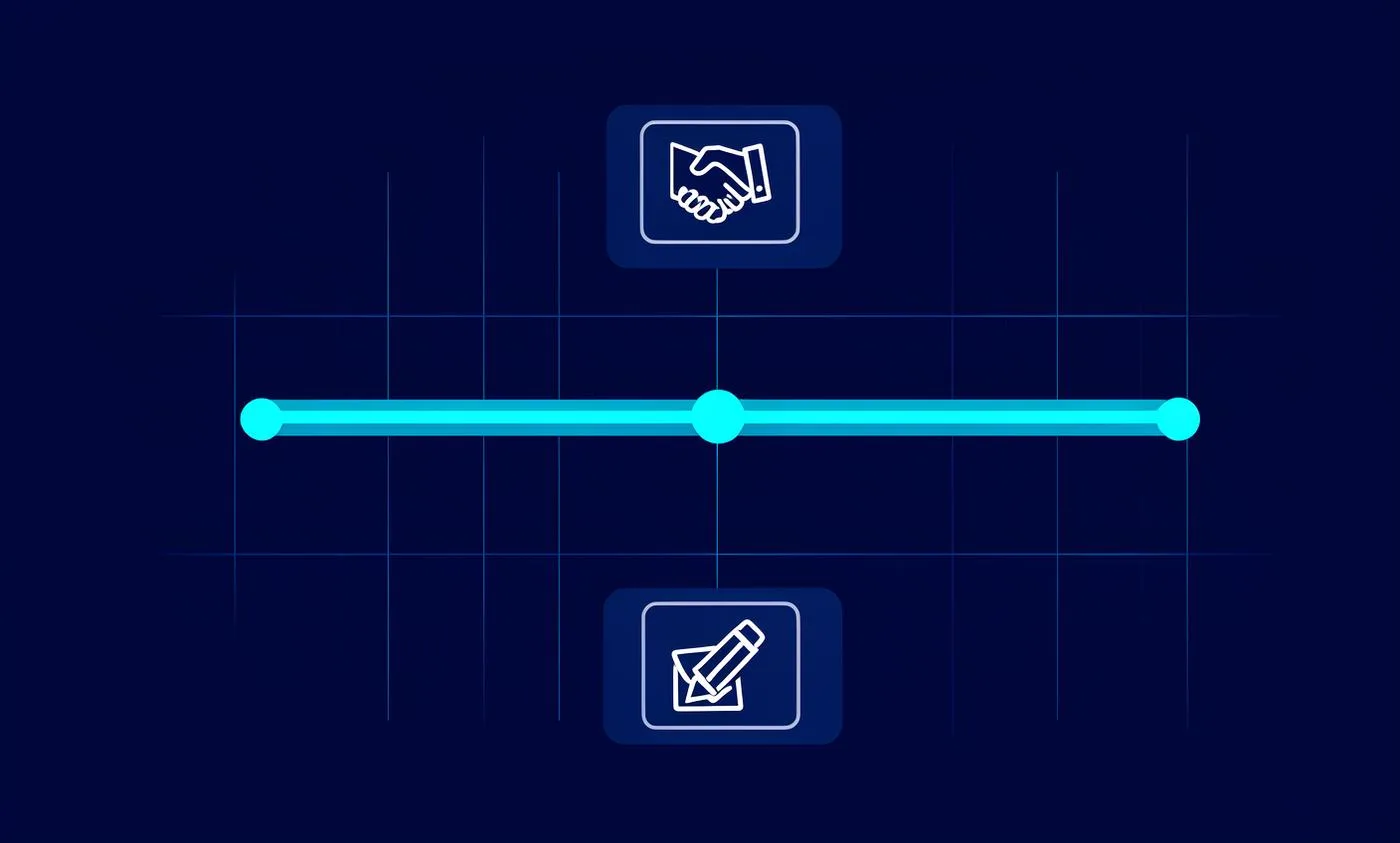 Timeline diagram of a SaaS renewal and negotiation workflow showing notice period milestones, vendor discussion and contract signature stages