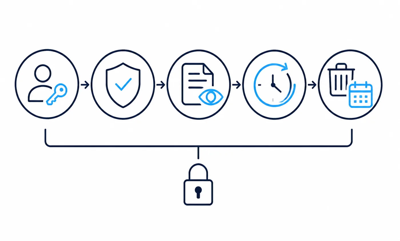 Diagram of a governance sequence: integration user permissions, security review, recording visibility, retention period and scheduled deletion, all bound by access control