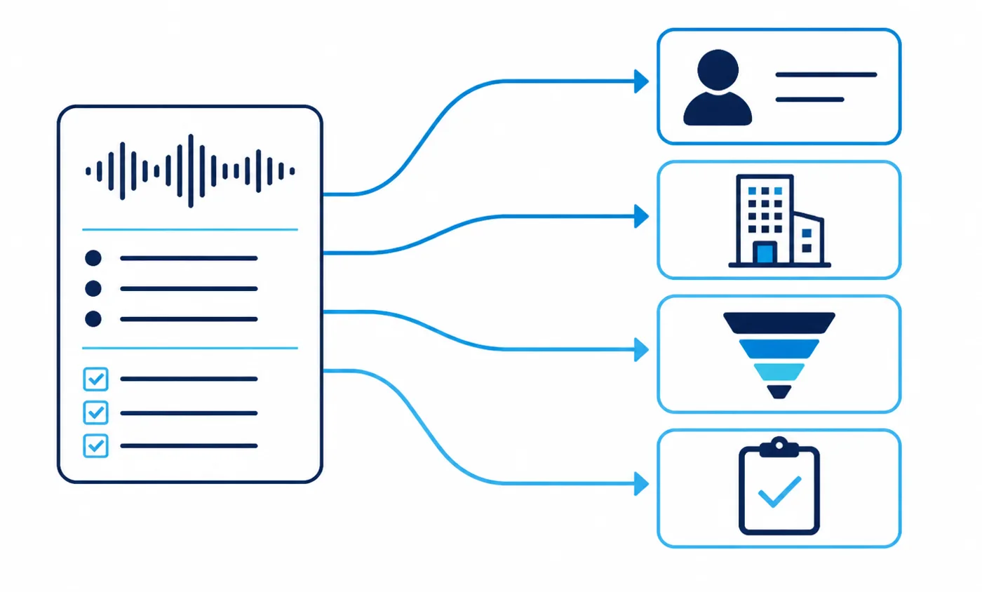 Diagram mapping a meeting summary with notes and action items to four CRM record types: contact, account, opportunity and task