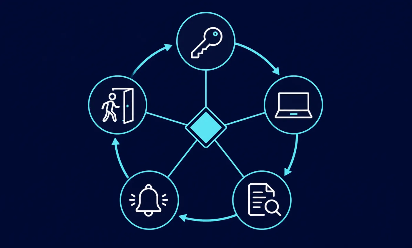 Circular workflow diagram with five ringed nodes containing a key, a laptop, a document with a magnifying glass, an alert bell and a person walking through a doorway, connected clockwise by curved arrows and each linked by a thin line to a central diamond node.
