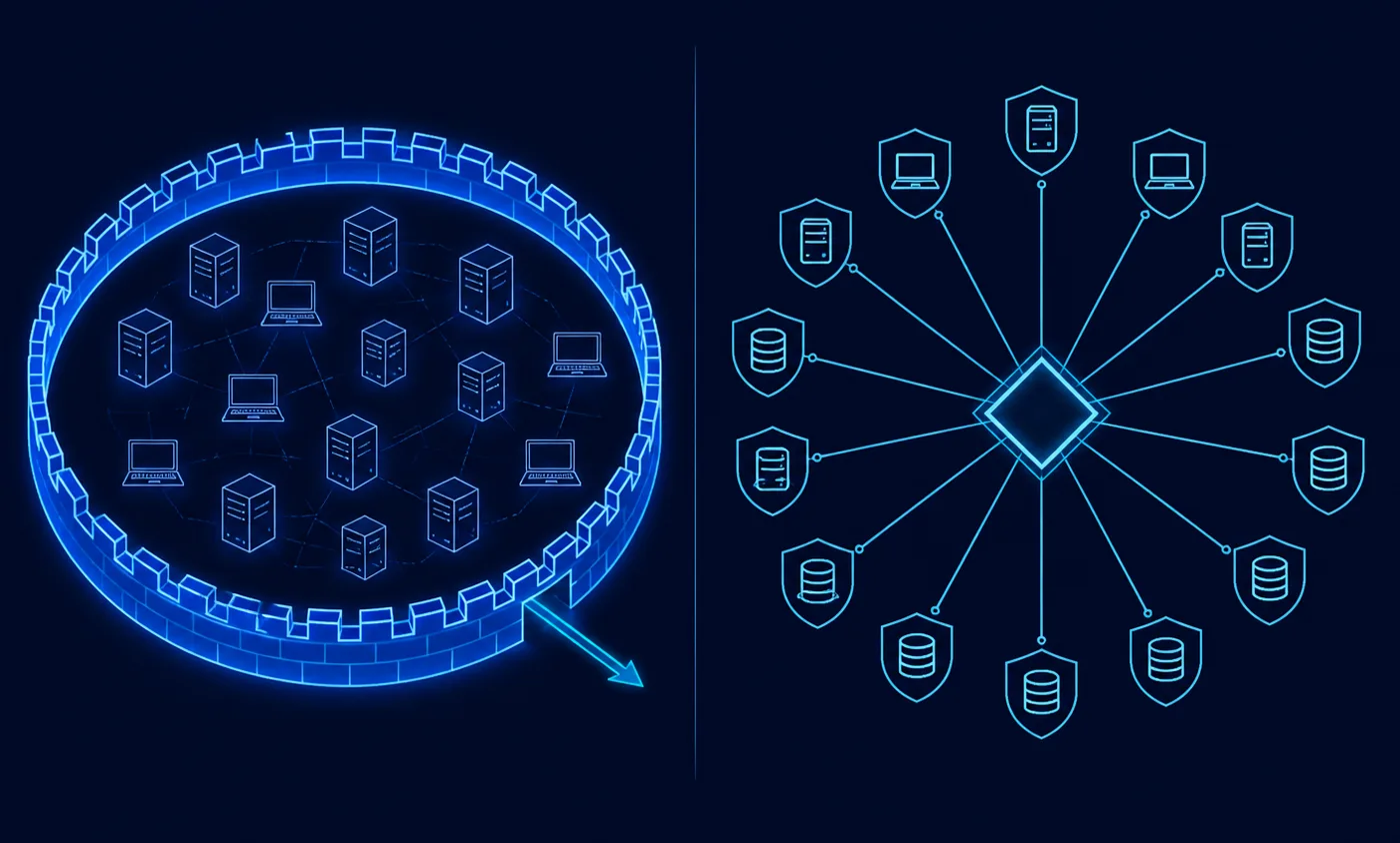 Two-panel comparison diagram: on the left a glowing castle-wall perimeter ring encloses many laptop and server icons with a single arrow crossing the wall; on the right the wall is gone and each individual resource icon sits inside its own shield, connected by separate lines to one central diamond checkpoint.