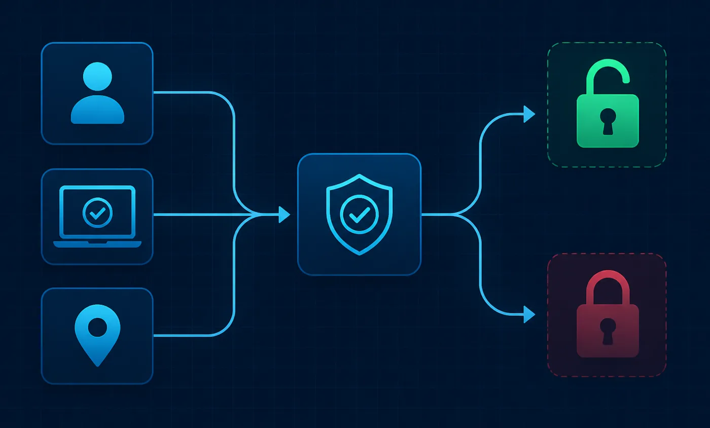 Flow diagram showing three inputs on the left, a user badge, a laptop with a check mark and a location pin, converging into a central shield-shaped evaluation block, which branches to two outcomes on the right: a green open padlock and a red closed padlock.