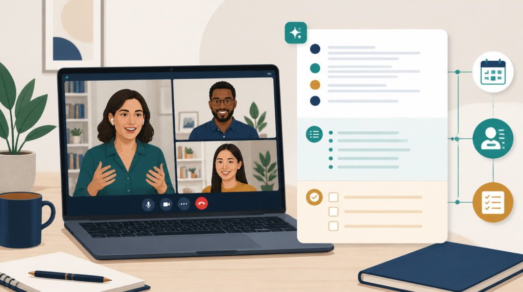 Illustration of a small-business video meeting with an AI assistant panel showing transcript, summary and action items feeding calendar, CRM and task tools