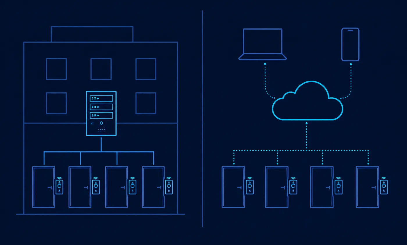 Side by side architecture comparison showing doors wired to a single on-premise server in one building versus doors managed through a cloud service reached from a laptop and phone