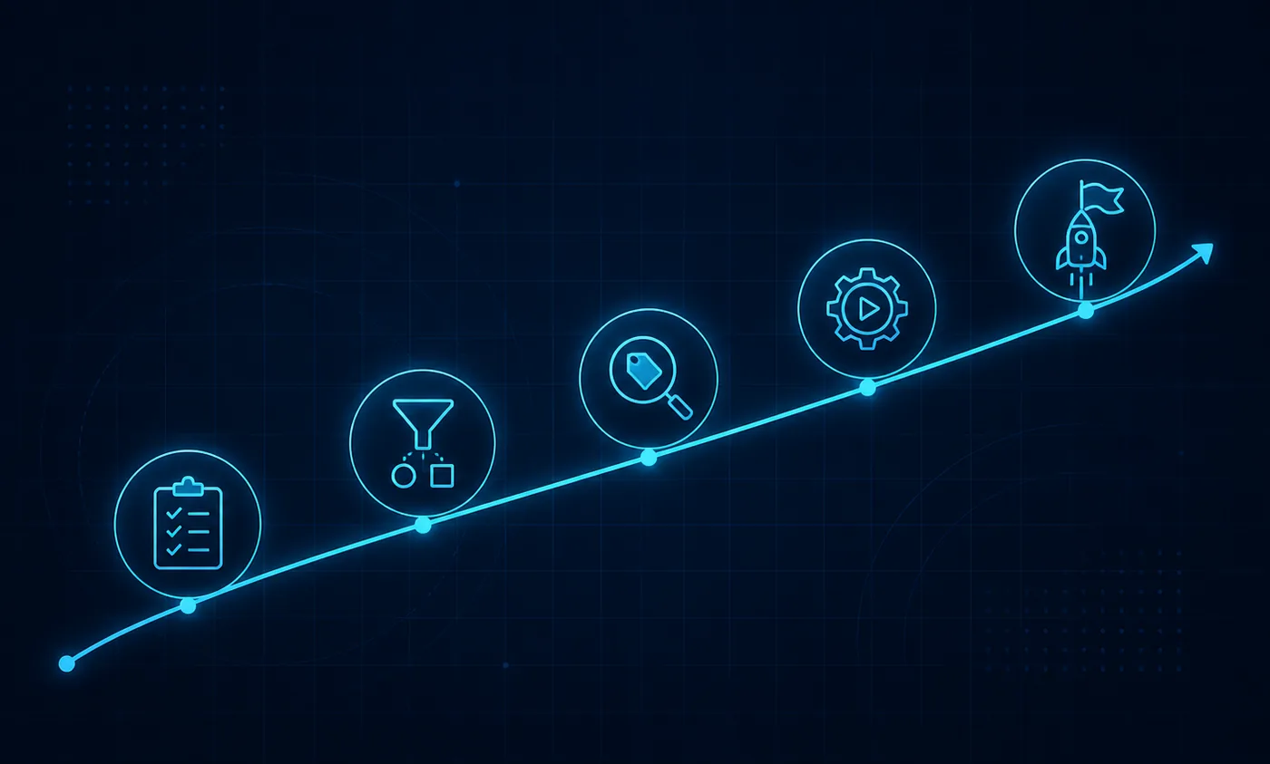 Payroll implementation roadmap with five milestones: documenting requirements, shortlisting vendors, verifying pricing, running a parallel setup pilot, and launching live payroll