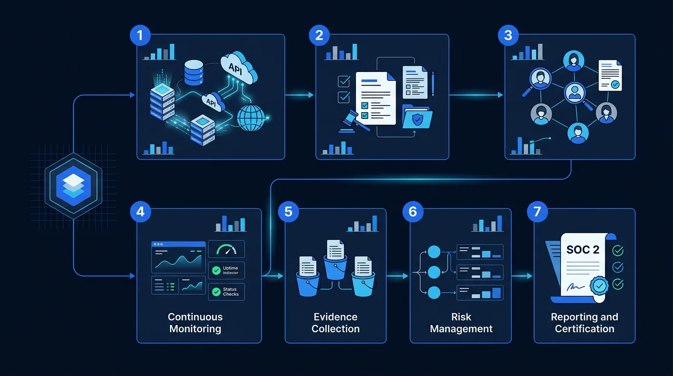 An infographic outlining the primary evaluation criteria for compliance software, including integrations, auditor access, and continuous monitoring.